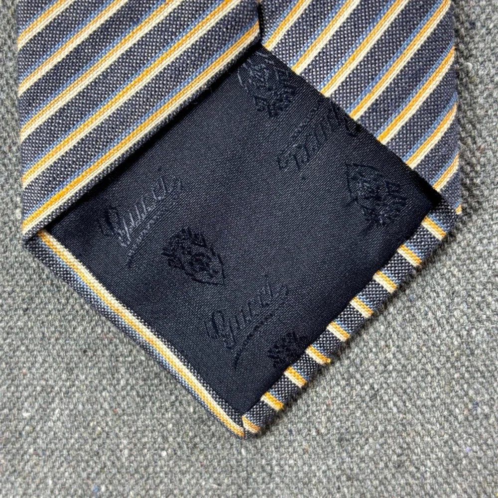 Vintage Gucci Mens Silk Linen Striped Necktie Blue Yellow Made in Italy